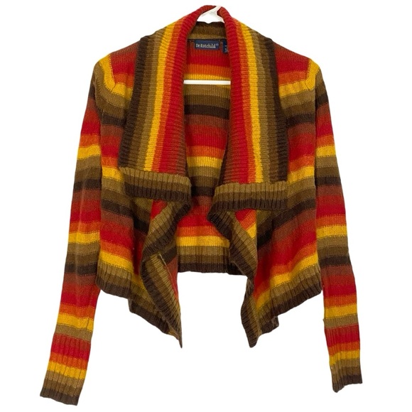 Vintage 90s Crop Cardigan Sweater Womens Size Small Striped Retro Brown Red Tan - Picture 1 of 7